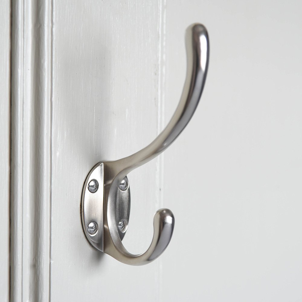 Satin Nickel Double Hat and Coat Hook - Heavy Duty Large Wall Mounted Hooks for Entryway, Bathroom, Bedroom, and Closet Organization