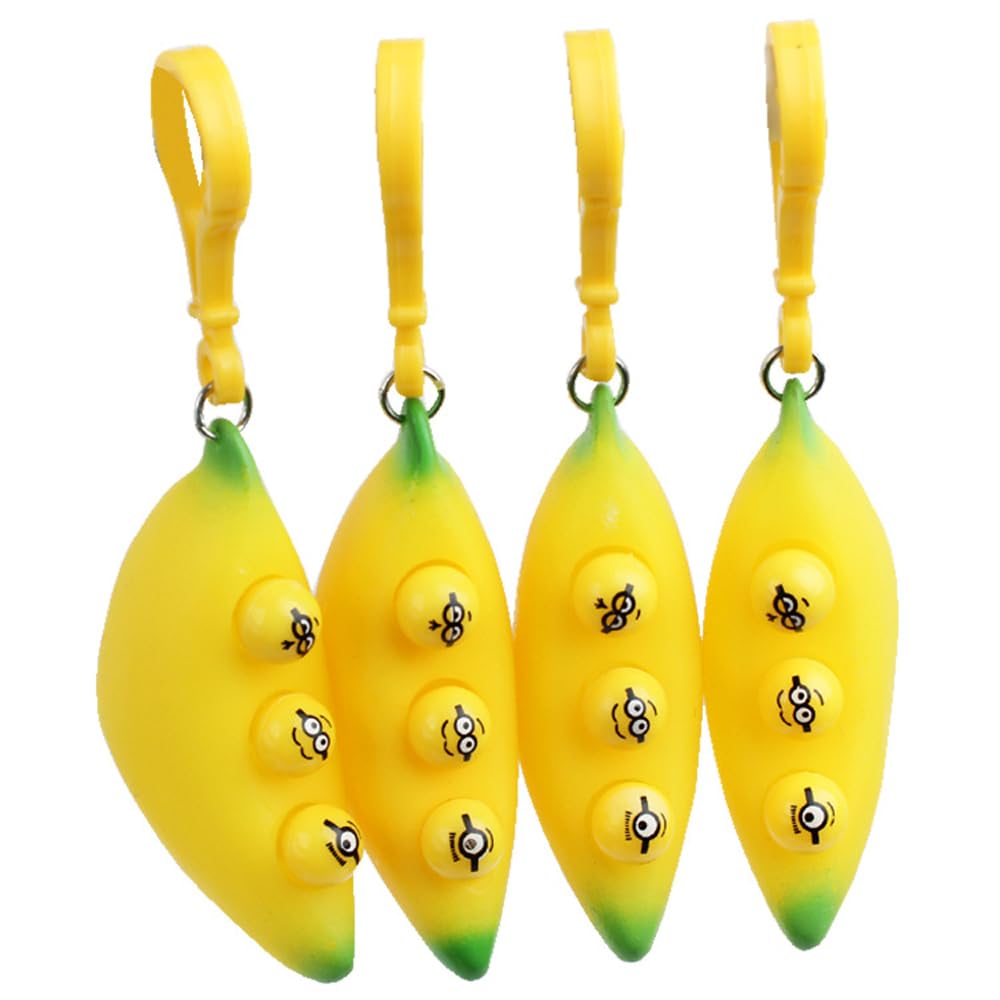Set of 4 Stretchy Banana Keychains - Soft Squishy Cute Miniature Novelty Toys for Kids, Backpacks, Gifts & Party Favors