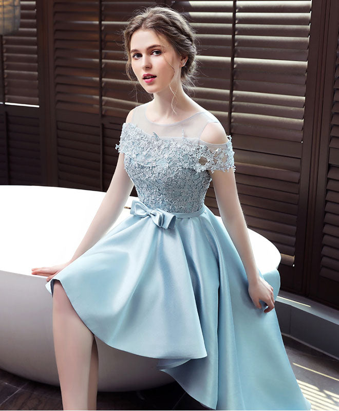 Elegant Light Blue Satin Lace Prom Dress | Blue Lace Evening Gown for Women | Perfect for Homecoming, Formal Dances & Special Occasions