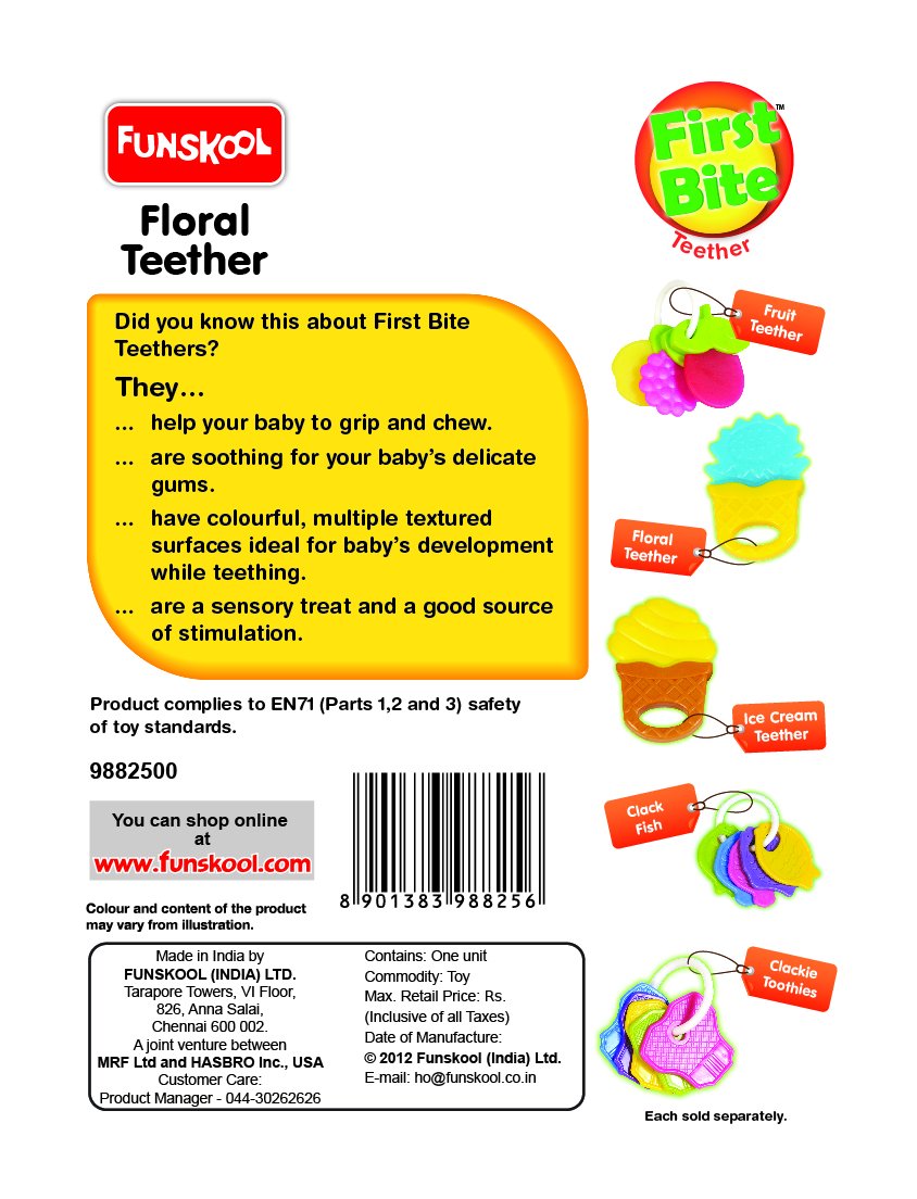 Funskool Giggles Floral Baby Teether - Soothing Gum Relief for Infants 3+ Months, Easy to Grasp & Chew, BPA-Free Teething Toy (Blue) - Perfect for Daycare, Travel & On-the-Go Comfort