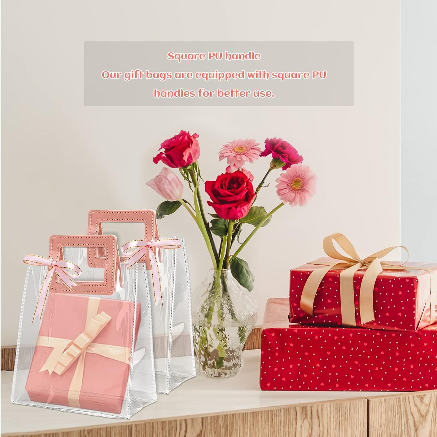 AIVER Clear Transparent Gift Bags for Wedding, Birthday, Party - Pink Square Handle Tote Shopping Bags (Set of 1 Medium) - Perfect for Bridal Showers, Baby Showers & Special Occasions