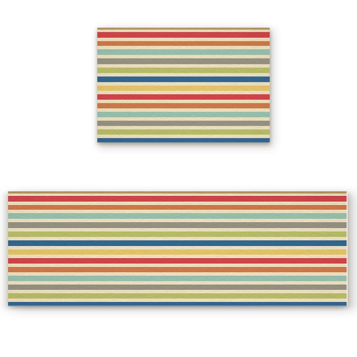 Anti-Fatigue Non-Slip Kitchen Floor Mats Set - 2-Pack Waterproof Cushioned Standing Mats with Colorful Stripes (15.7x23.6in + 15.7x47.2in) for Comfortable Cooking, Dishwashing & Standing Work in Kitchen