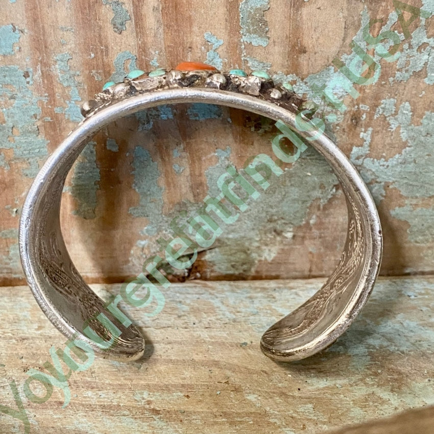 Authentic Sterling Silver Turquoise Coral Tibetan Bracelet with Intricate Dragon Engraving - Perfect for Boho Fashion, Spiritual Healing & Gift Giving