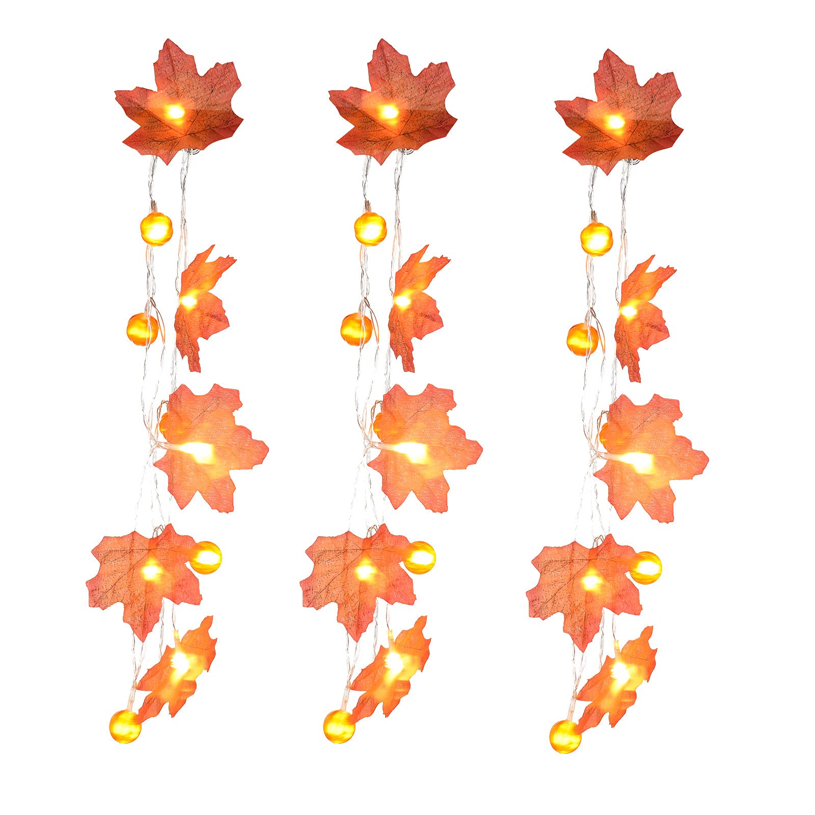 Battery Operated Halloween String Lights - 4.9ft Orange LED Maple Pumpkin Lantern Lights for Indoor/Outdoor Halloween Party, Fall Harvest & Thanksgiving Decorations (3 Pack) - Perfect for Porch, Yard, and Home Holiday Decor