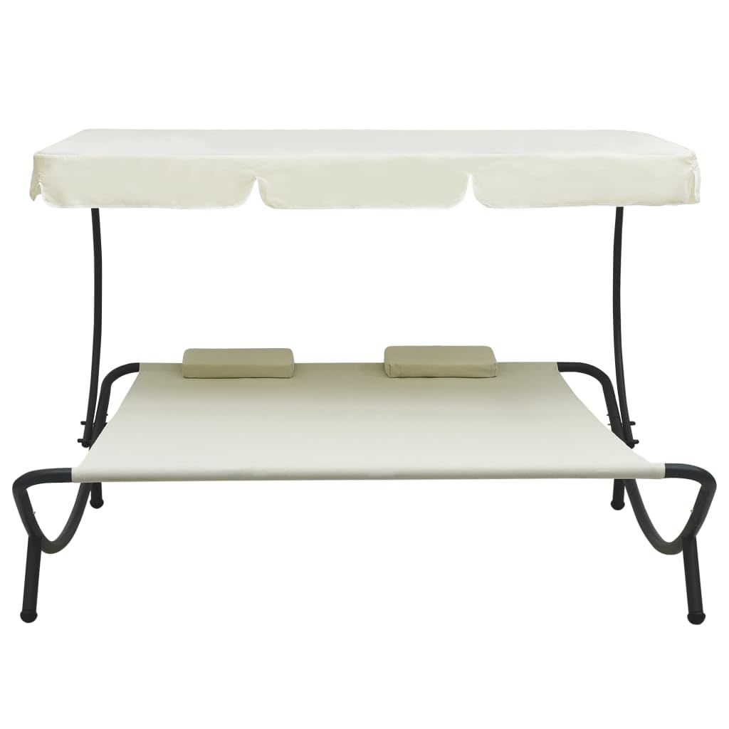 vidaXL Cream White Double Sun Lounger with Canopy & Weatherproof Pillows | Heavy-Duty Outdoor Daybed for Patio, Backyard, Poolside | Perfect for Sunbathing, Relaxation & Beach Vacations