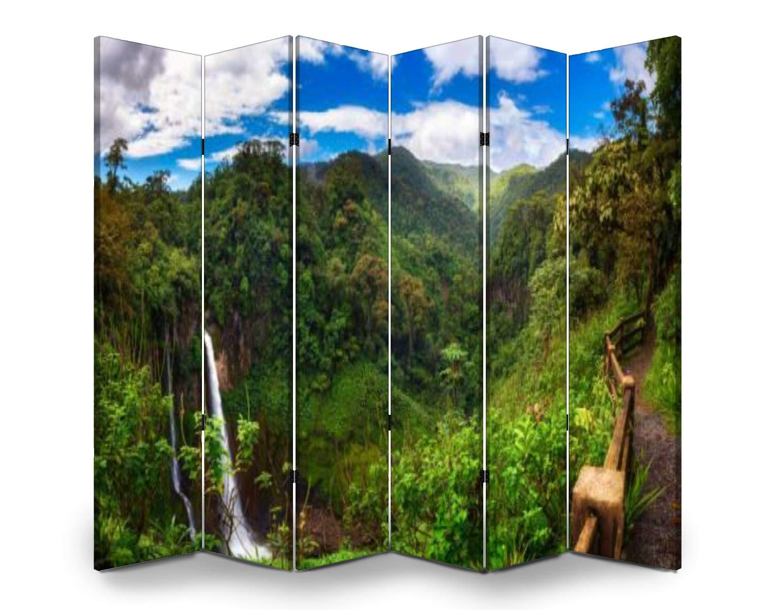 6-Panel Wooden Folding Screen Room Divider - Costa Rica Waterfall & Mountain Landscape Canvas Privacy Partition for Home & Office | Indoor Display Shelves, Dual-Sided Wall Decor for Living Room, Bedroom, Yoga Studio