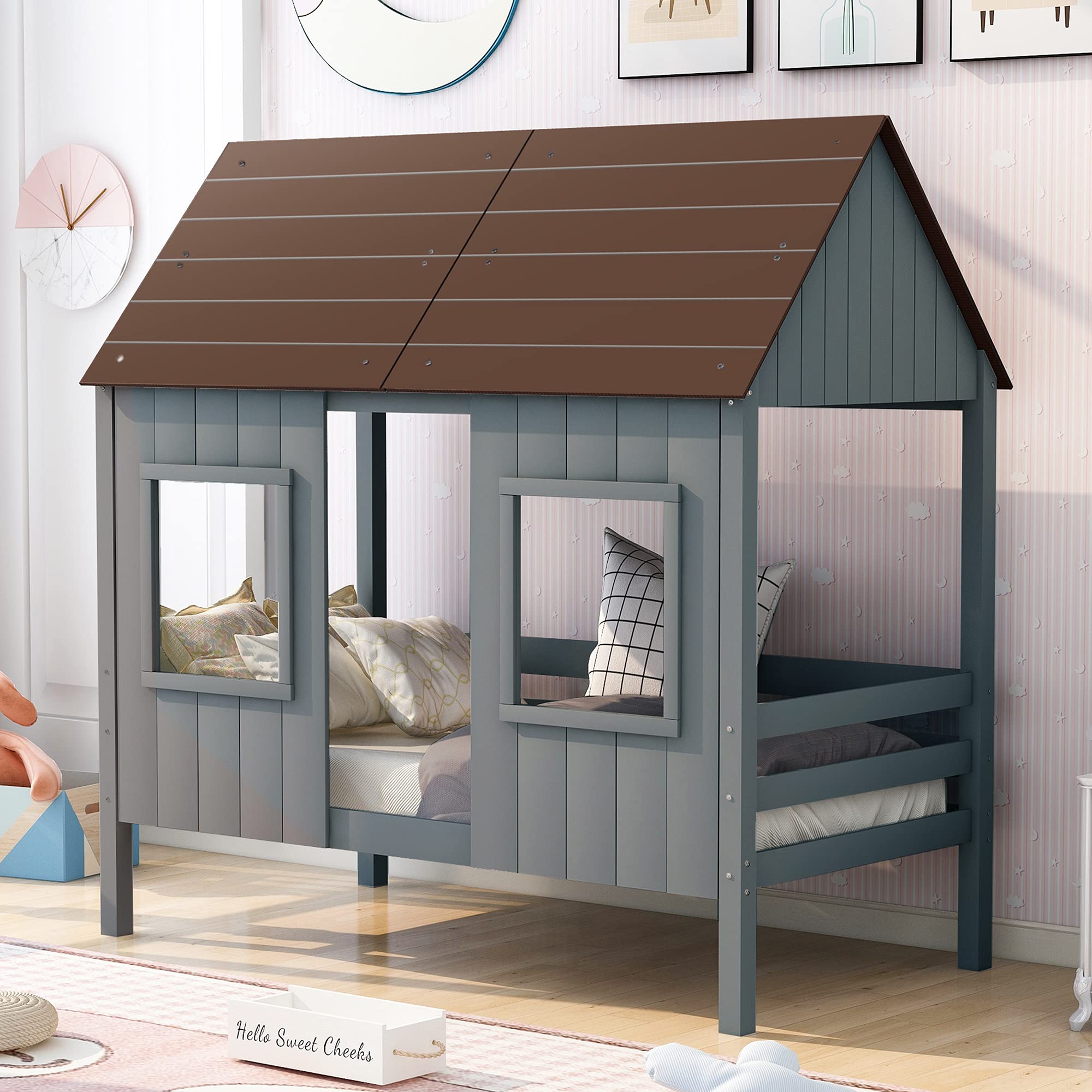 Merax Twin Size Wooden House Bed Frame with Guardrails for Kids - Antique Gray & Normal Gray - Safe & Sturdy Toddler Bed for Boys & Girls - Perfect for Bedrooms, Daycare, and Playrooms