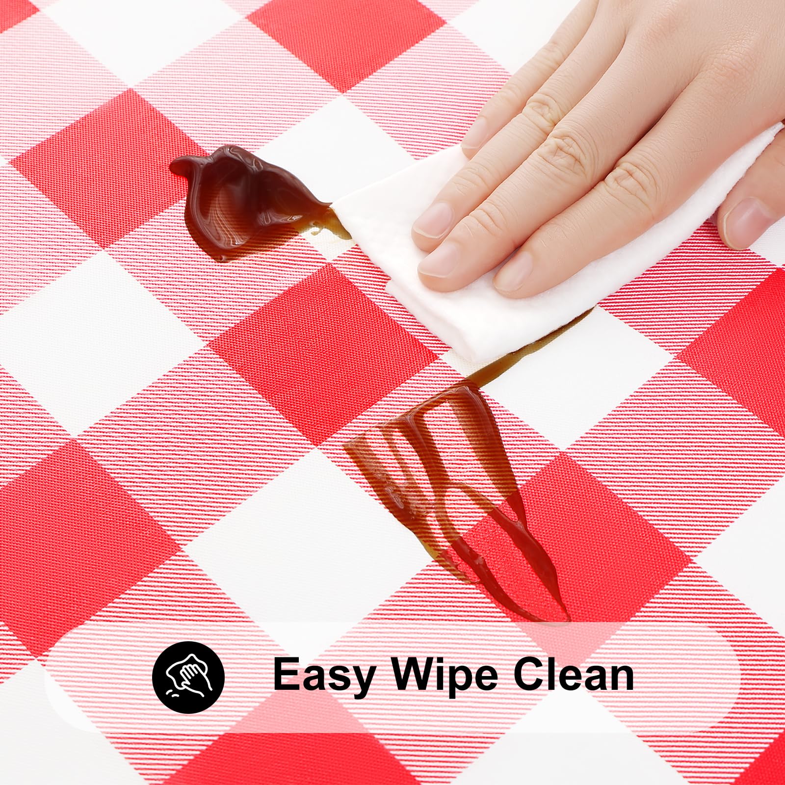 Smiry Round Elastic Waterproof Vinyl Tablecloth for 45-56 Inch Tables - Flannel Backed Buffalo Plaid Table Cover for Dining, Camping, Outdoor Use (White & Red) | Perfect for Picnics, BBQs, and Patio Parties