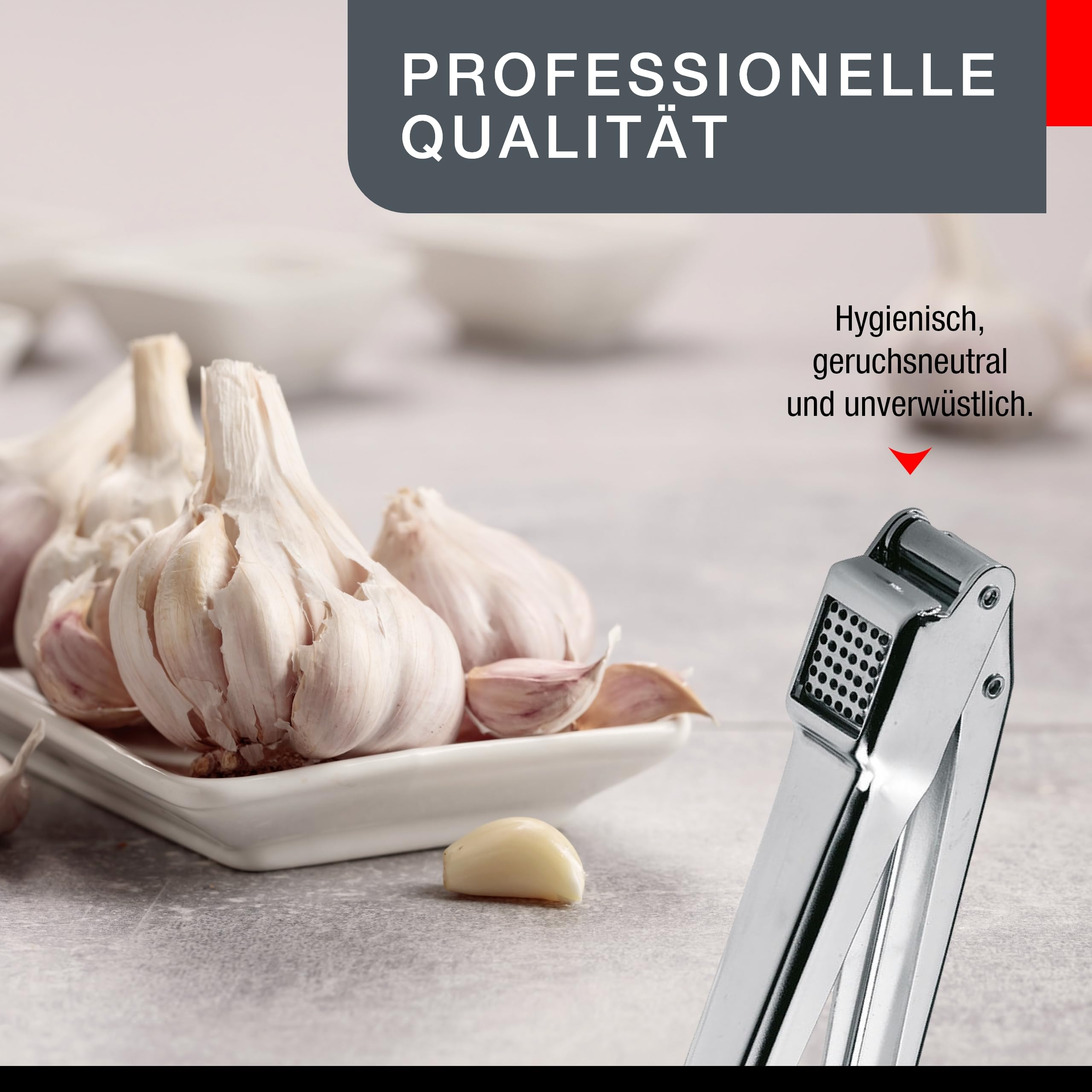 Premium GEFU Stainless Steel Garlic Press - Easy Squeeze, No Mess, Dishwasher Safe - Perfect for Cooking, Baking & Italian Cuisine