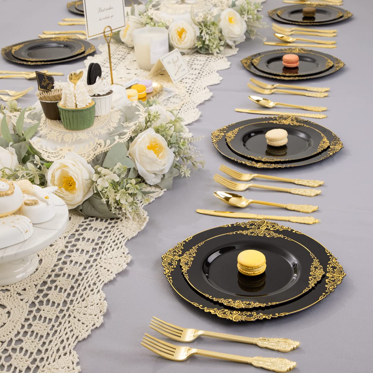Nervure 200-Piece Black and Gold Plastic Dinnerware Set - 100 Black Gold Plates & 100 Gold Silverware (Forks, Knives, Spoons) - Elegant Disposable Tableware for Parties, Weddings, and Events