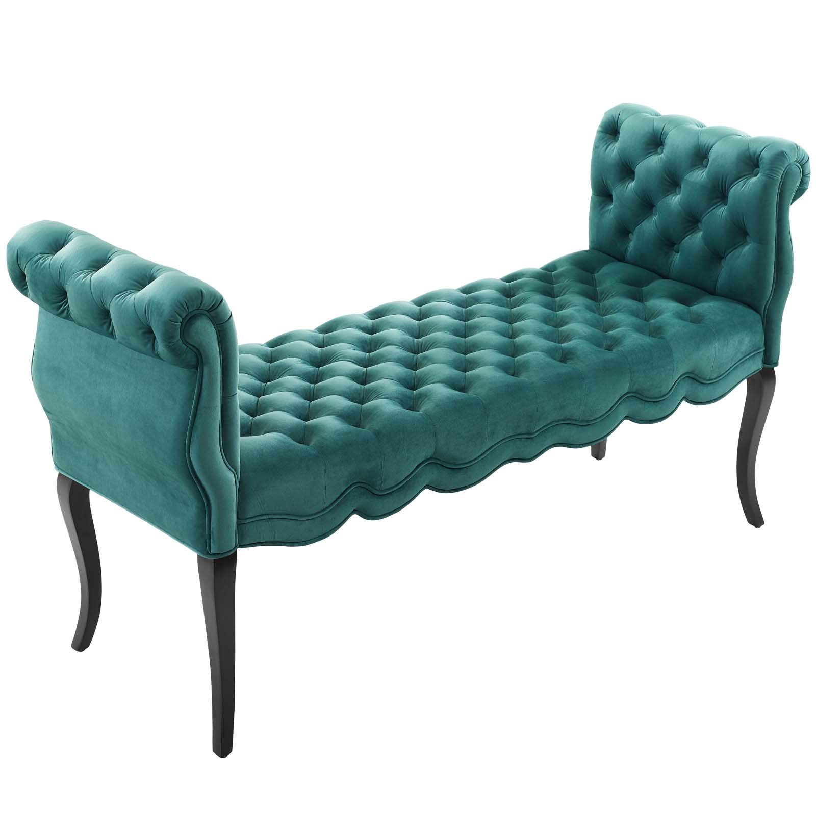 Modway Adelia Chesterfield Style Performance Velvet Entryway Bench in Teal - Mid-Century Modern Upholstered Sofa Bench for Hallway, Bedroom & Living Room - Comfortable Seating with Storage Space