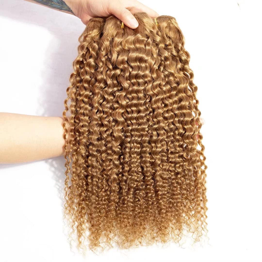 FEEL ME 18 20 22 Inch Brazilian Curly Human Hair Bundles - 27 Honey Blonde Unprocessed Virgin Hair Weave (3 Bundles) 8A Mink Kinky Curly Extensions for Natural Look & Styling | Perfect for Daily Wear, Parties & Special Occasions