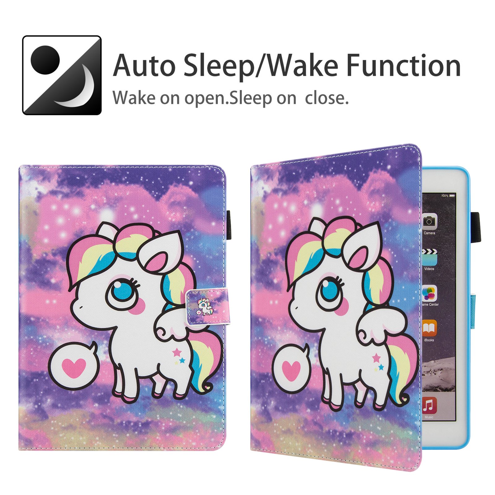 Dteck PU Leather Flip Stand Case for iPad 6th/5th Gen (2018/2017), iPad Air 2 & iPad Air (9.7 Inch) - Cute Unicorn Design Smart Cover with Card Slots | Perfect for Work, School & Travel Protection