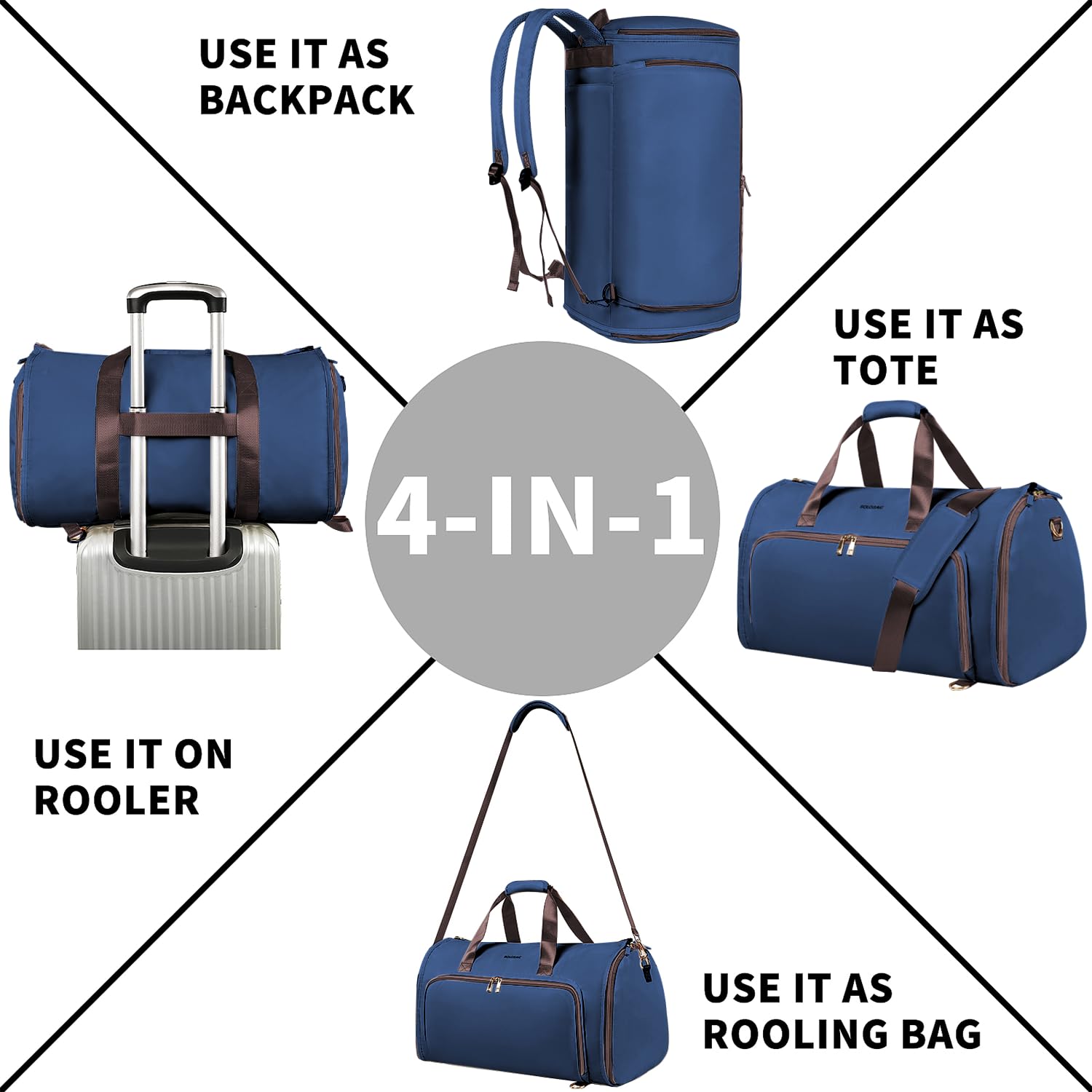Convertible Travel Garment Bag with Detachable Suit Bag - Carry On Duffel with Shoulder & Backpack Straps - Luggage Dress Bag with 2 Shoe Covers for Men & Women (Blue) - Perfect for Business Trips, Weddings & Airplane Travel