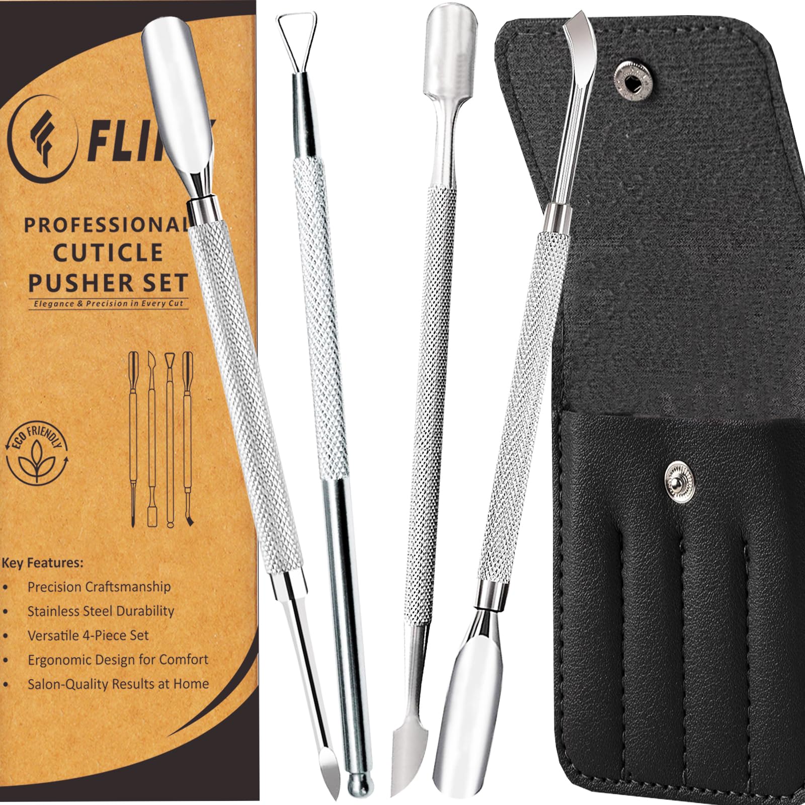 FLINX 4-Piece Metal Cuticle Pusher Set - Professional Nail Manicure & Pedicure Tools with Scraper - Perfect Gift for Men & Women - Ideal for Home Nail Care & Salon Use