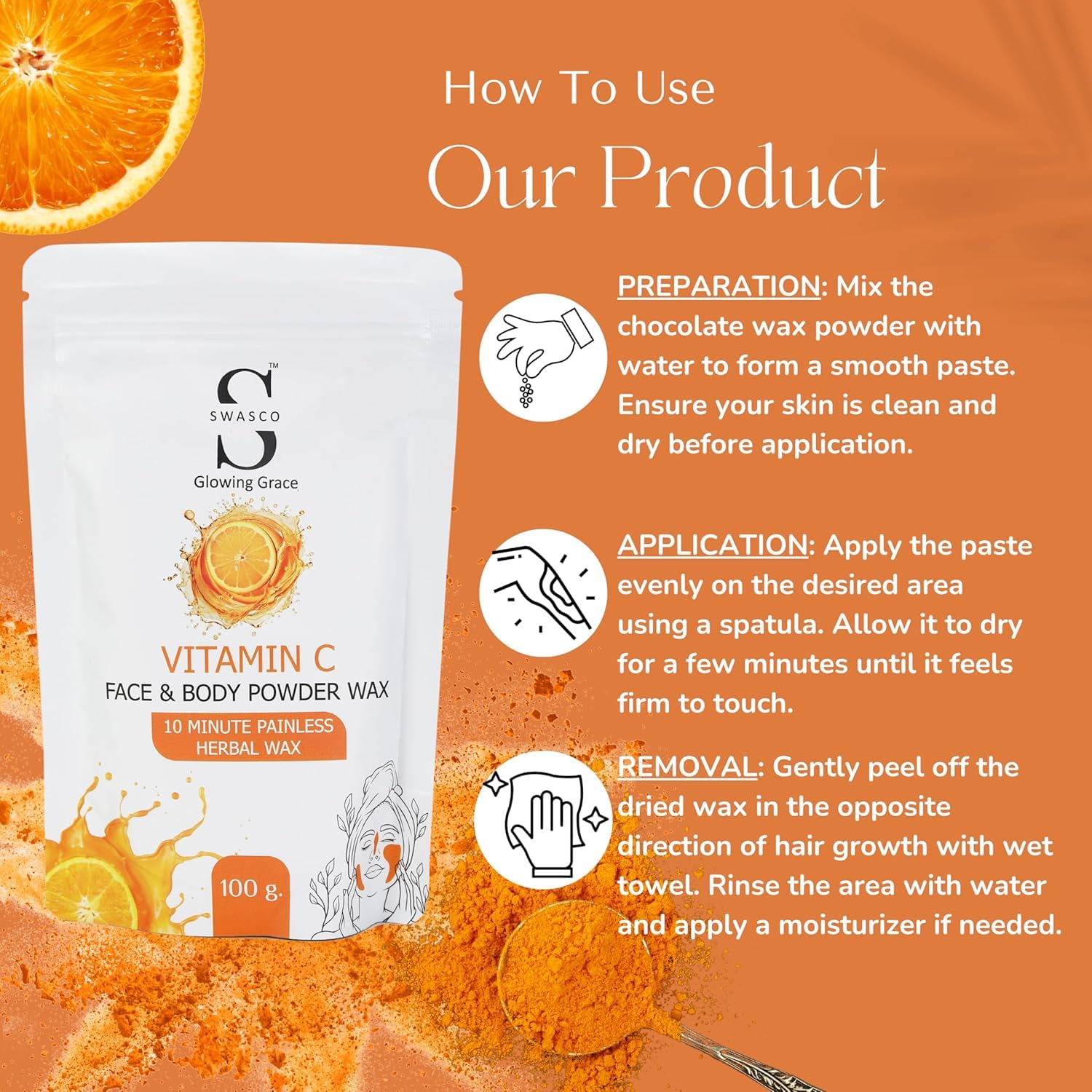 Organic Herbal Wax Powder for Face & Body Hair Removal - 100g | Painless & Chemical-Free Wax Powder for Women & Men | Fast 10-Minute Treatment | Enriched with Vitamin C | Perfect for Smooth Skin at Home, Salon, or Spa