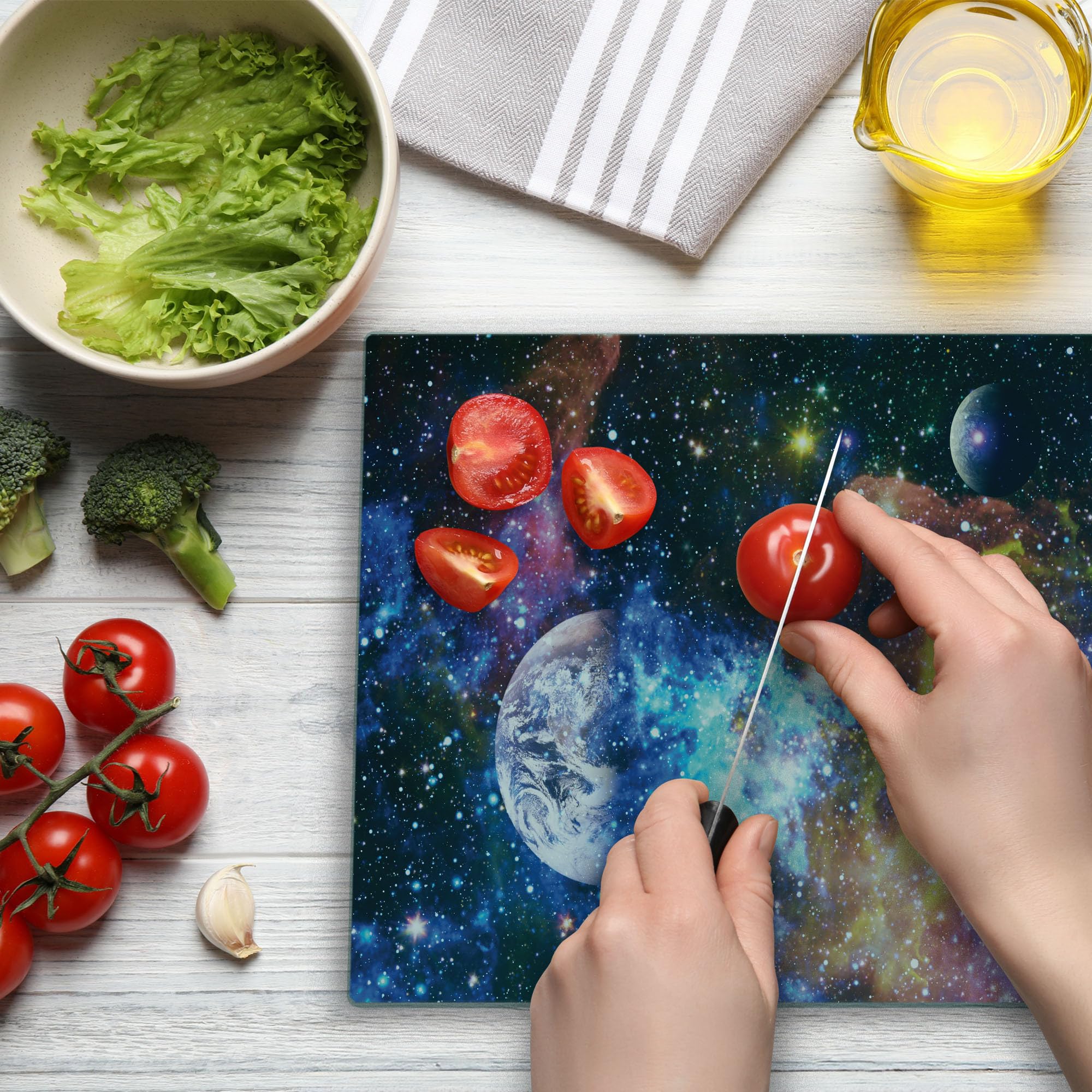 Ambesonne Space Themed Tempered Glass Cutting Board - Futuristic Abstract Stars & Planets Design, Large Decorative Serving Board for Kitchen & Dining - Perfect for Entertaining, Gift Giving & Astronomy Enthusiasts