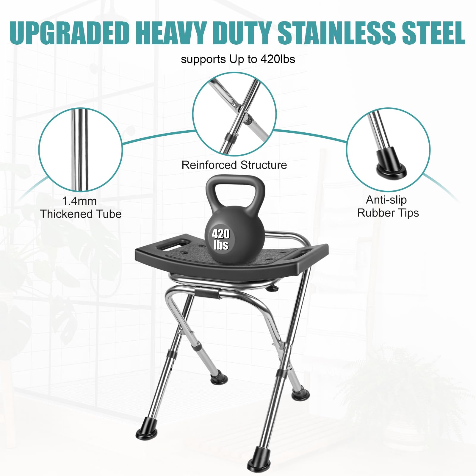 Adjustable Folding Shower Chair Seat - 400lbs Capacity Stainless Steel Bath Stool with Anti-Slip Feet - Portable Travel Shower Seat for Elderly & Disabled - Ideal for Home, Hospital & Travel Use (Black)