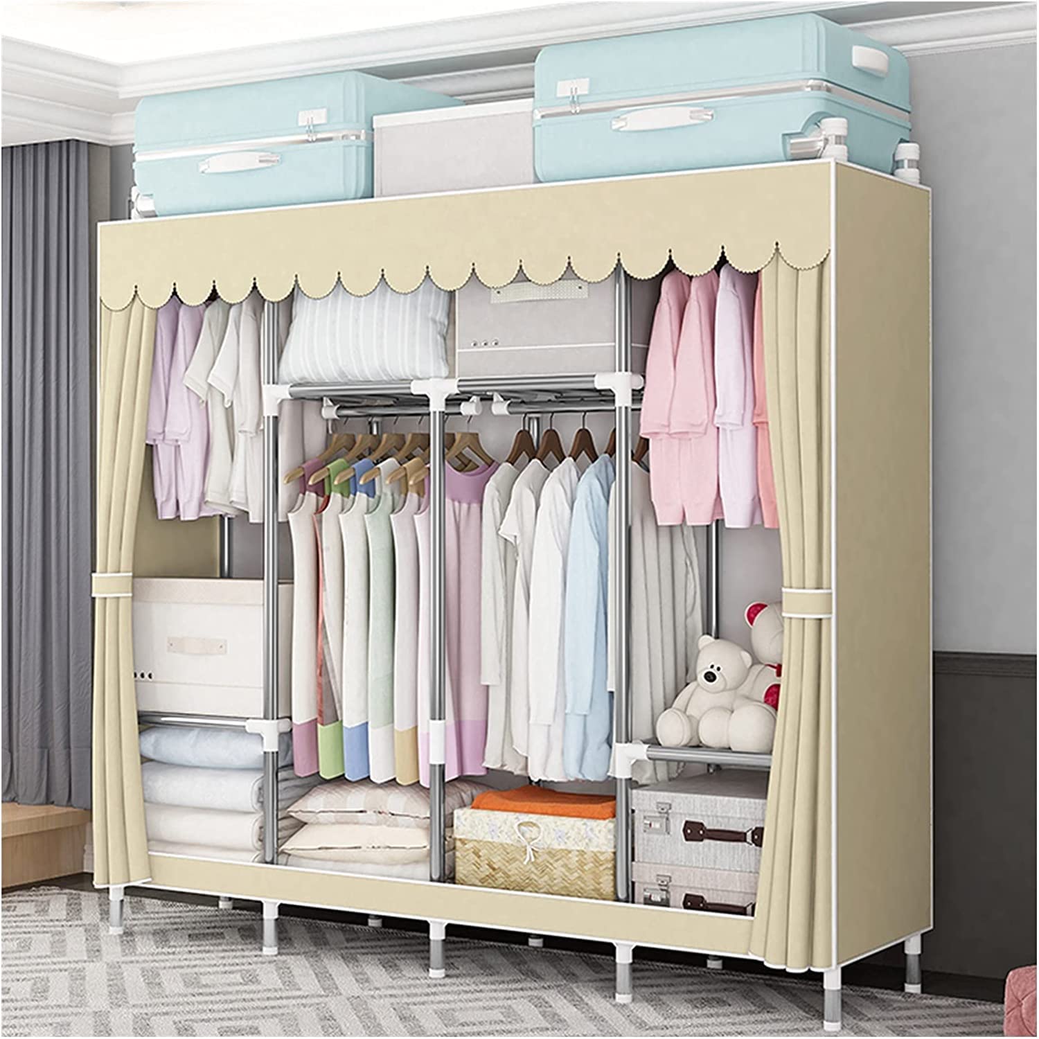 3-in-1 Portable Wardrobe Closet Organizer with Hanging Rod & Shelves - Space Saving Clothes Rack & Shoe Storage Cabinet for Bedroom, Closet, Dorm Room & Small Apartments (Beige) | Perfect for College Students, Apartment Living & Home Organization Solutions