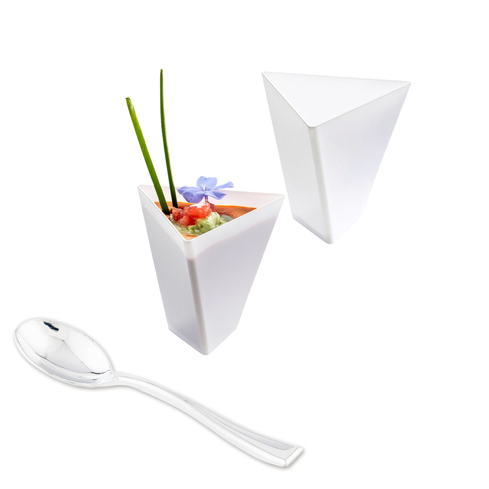 100 Pack 4 oz White Plastic Triangle Dessert Cups with 100 Silver Mini Plastic Spoons - Perfect for Parties, Weddings, and Catering Events