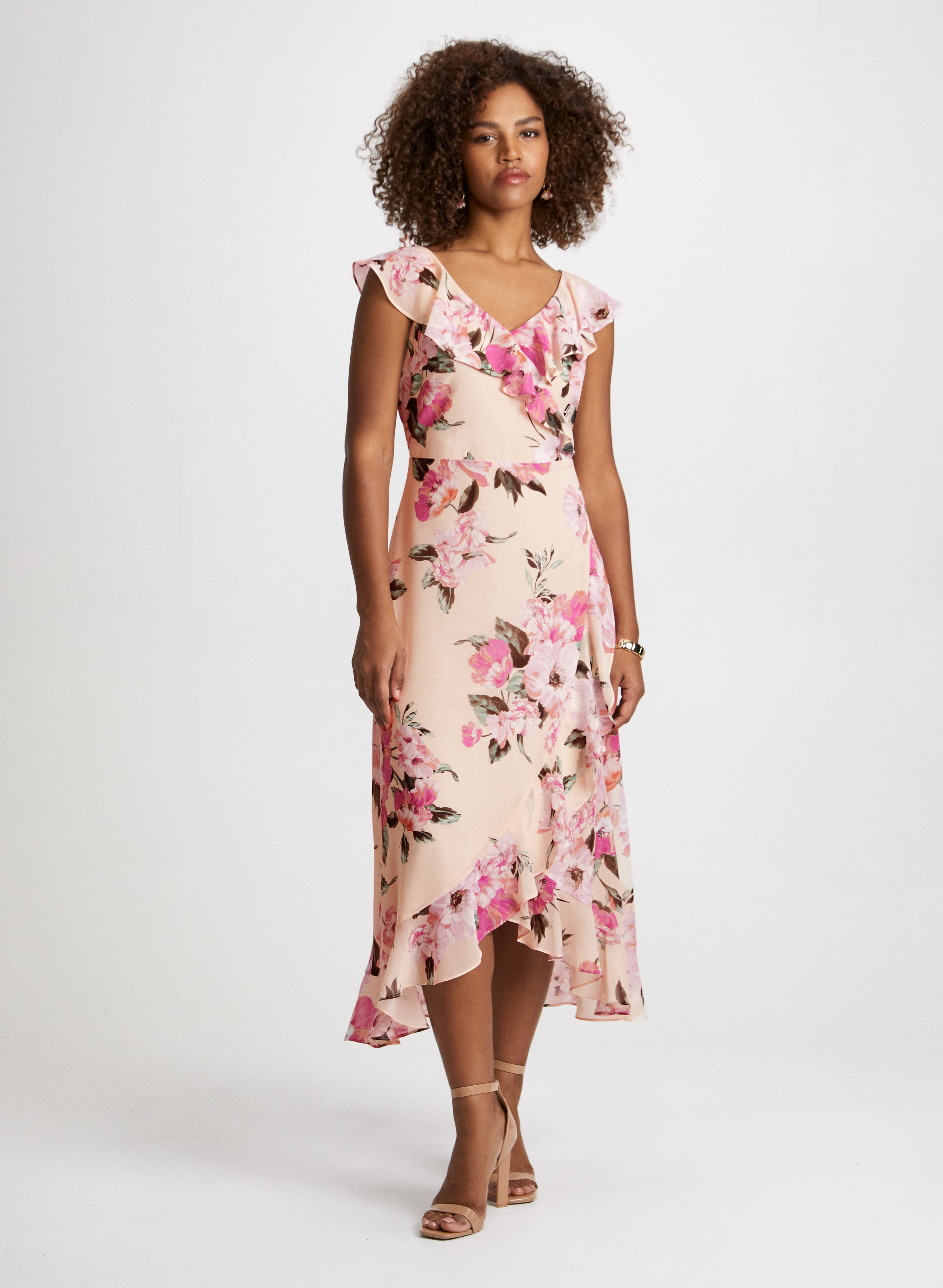 Elegant Floral Print Summer Dress with Matching Beaded Earrings Set | Women's Fashion Outfit for Wedding, Party & Vacation | Perfect for Beach, Date Night & Special Occasions