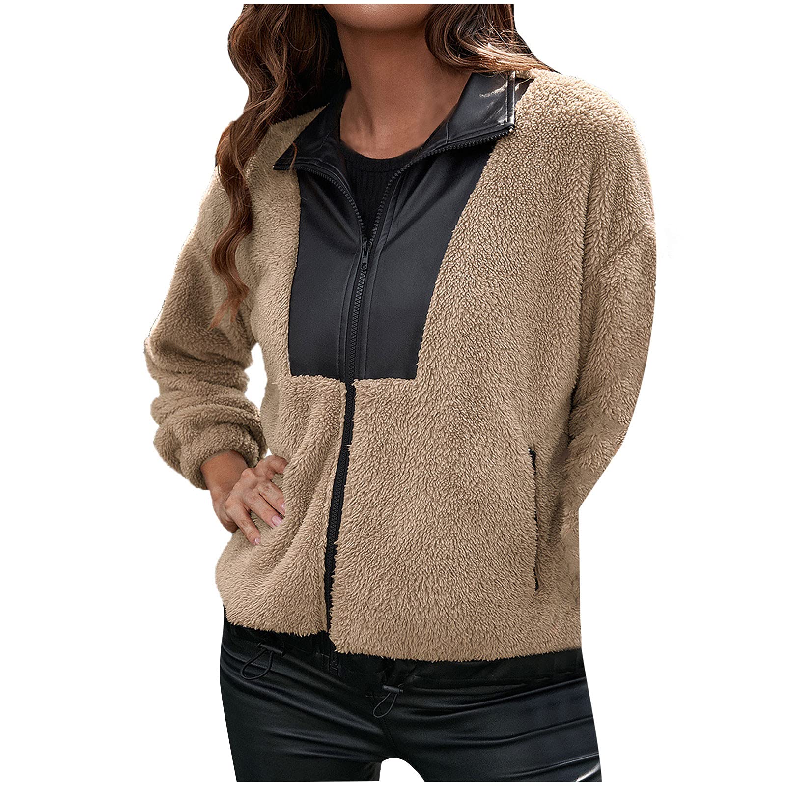 Women's Faux Fur Leather Bomber Jacket - Winter Warm Coats with Pockets | Trendy Outerwear for Fall & Winter | Perfect for Casual Outings, Date Nights & Office Wear