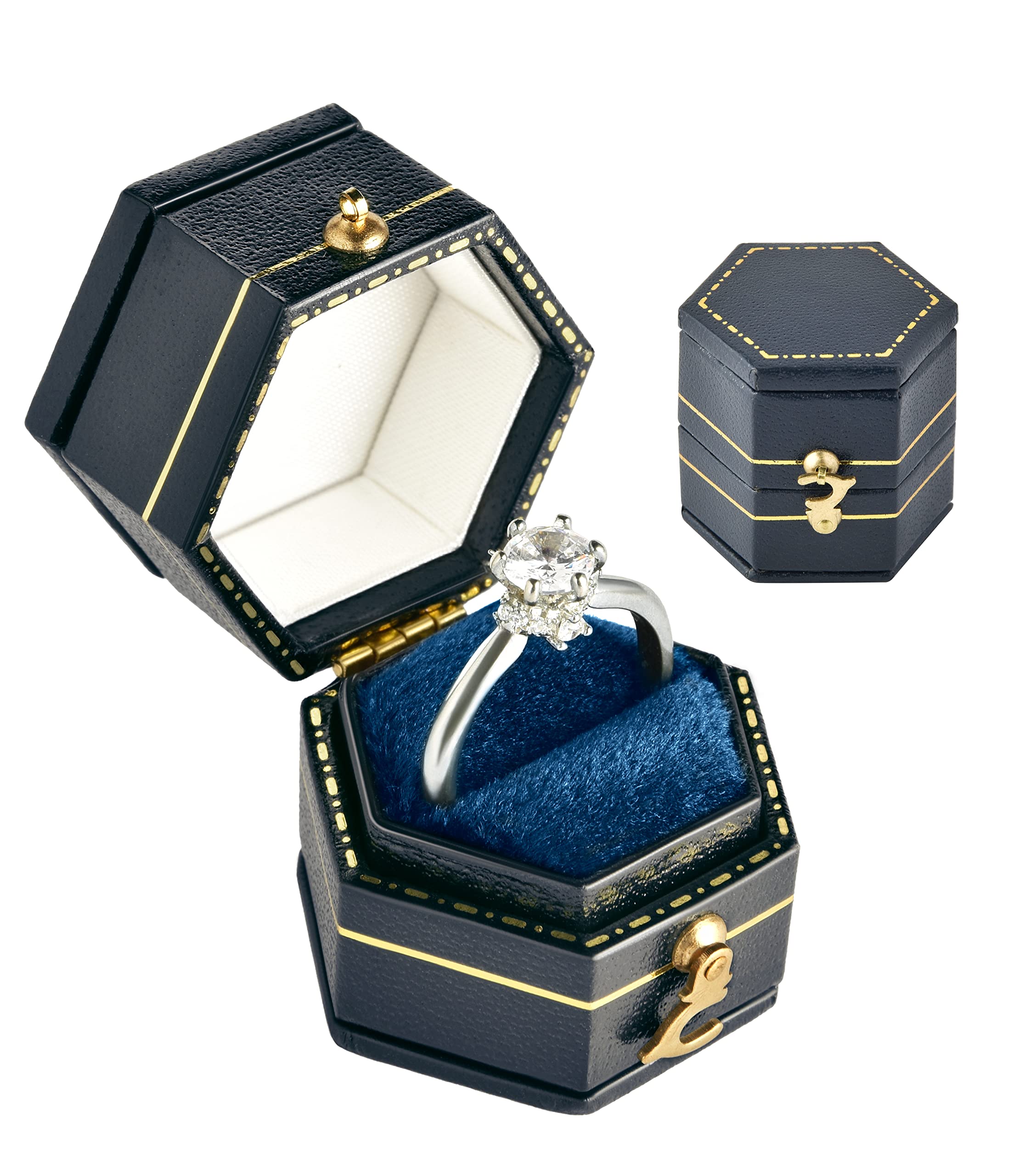Vintage Ring Box - Handcrafted Antique Victorian Style Jewelry Box for Engagement Rings, Wedding Bands & Keepsakes | Hexagon Blue Mini Jewelry Storage | Dresser, Tabletop & Bedroom Decor | Perfect Gift for Brides, Couples & Jewelry Lovers