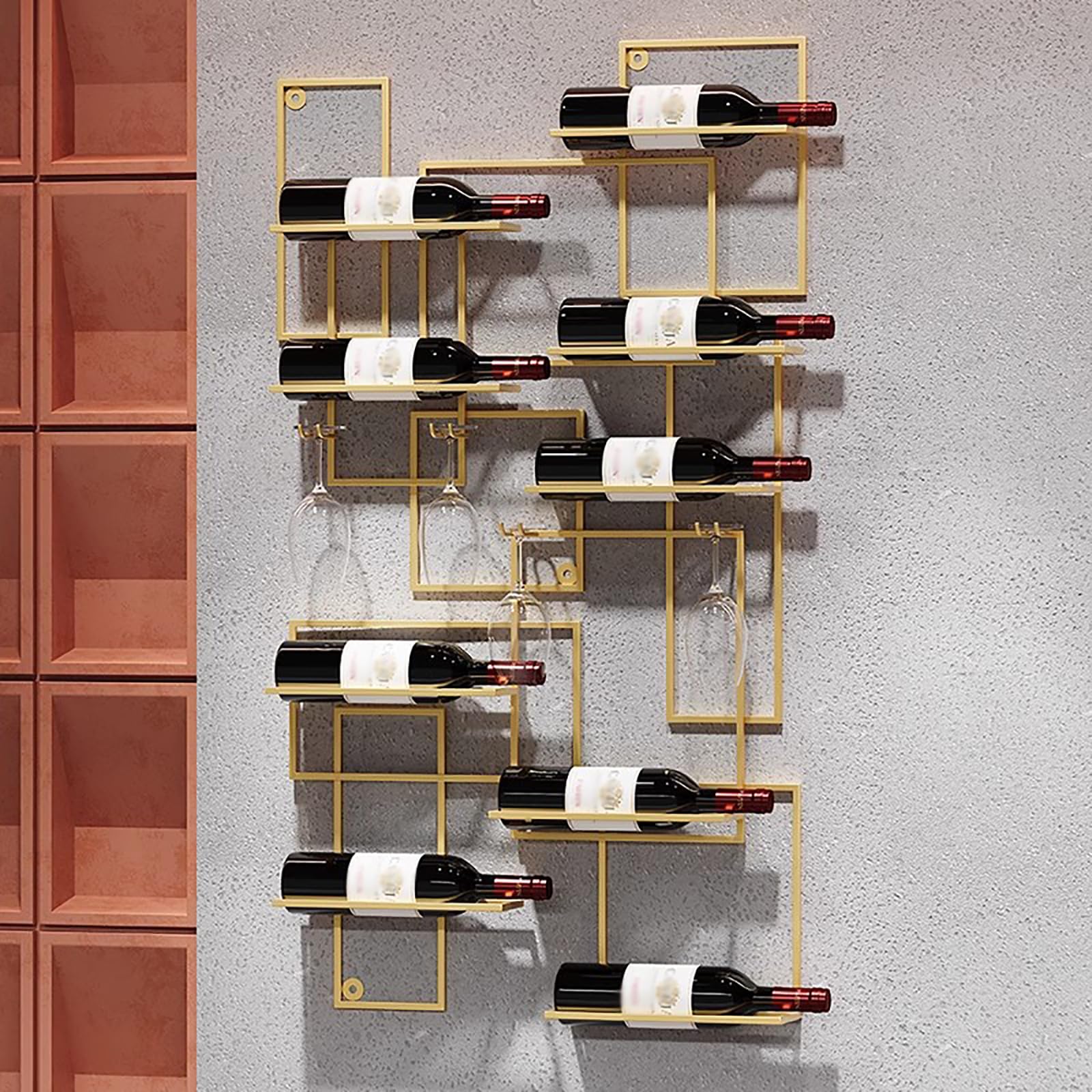 Industrial Wall Mounted Wine Rack for 10 Bottles - Black Metal Kitchen Bar Decor Shelf (43.3x23.6x3.9in) - Space Saving Wine Storage Solution for Home, Restaurant & Bar Decor - Easy Access Hanging Wine Bottle Holder (1pc, Gold)