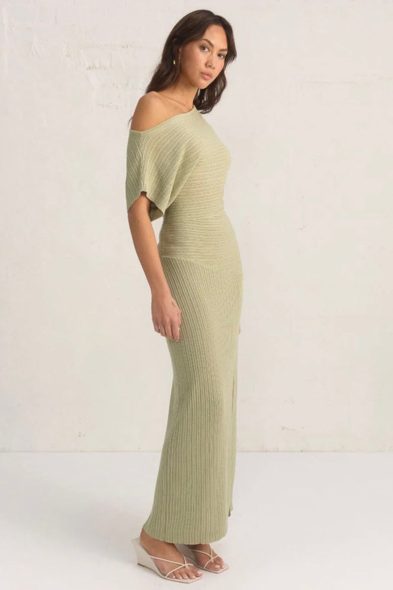 Celeste Sage Off Shoulder SS Knit Maxi Dress - Elegant Summer Beach Dress for Women, Boho Chic Party Dress, Perfect for Vacations, Weddings & Date Nights