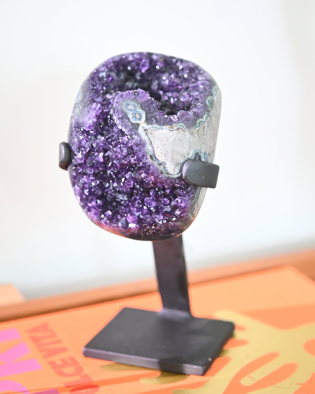 Natural Amethyst Crystal Geode on Wooden Stand - 3.8lbs Healing Stone for Home Decor, Meditation & Spiritual Gifts | Perfect for Living Room, Office & Yoga Space