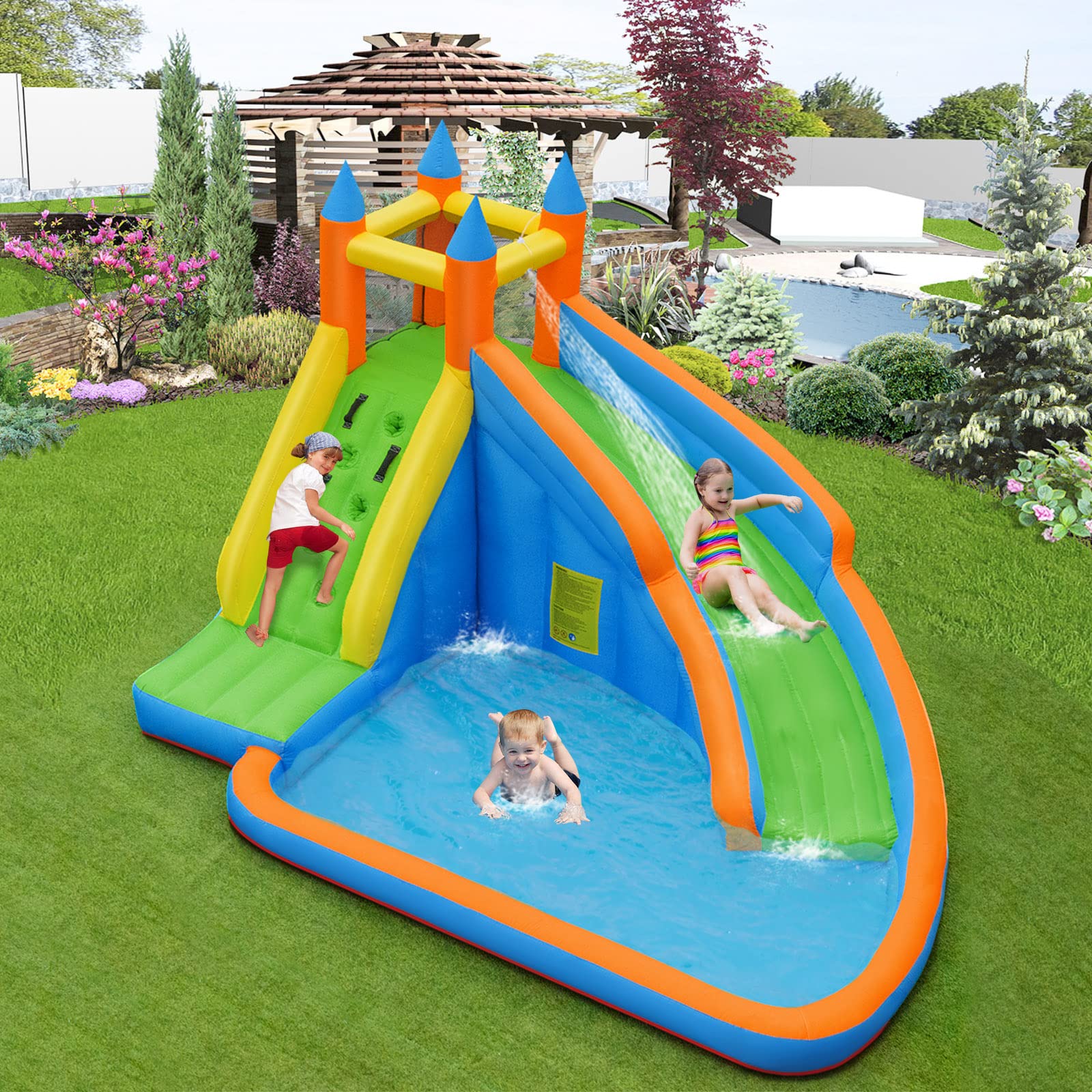 **HONEY JOY Inflatable Water Slide - Giant Backyard Water Park Castle with Climbing Wall & Splash Pool | Bouncy House for Kids & Adults | Outdoor Blow Up Water Slides for Summer Parties, Birthdays & Family Fun (Blower Not Included)**
