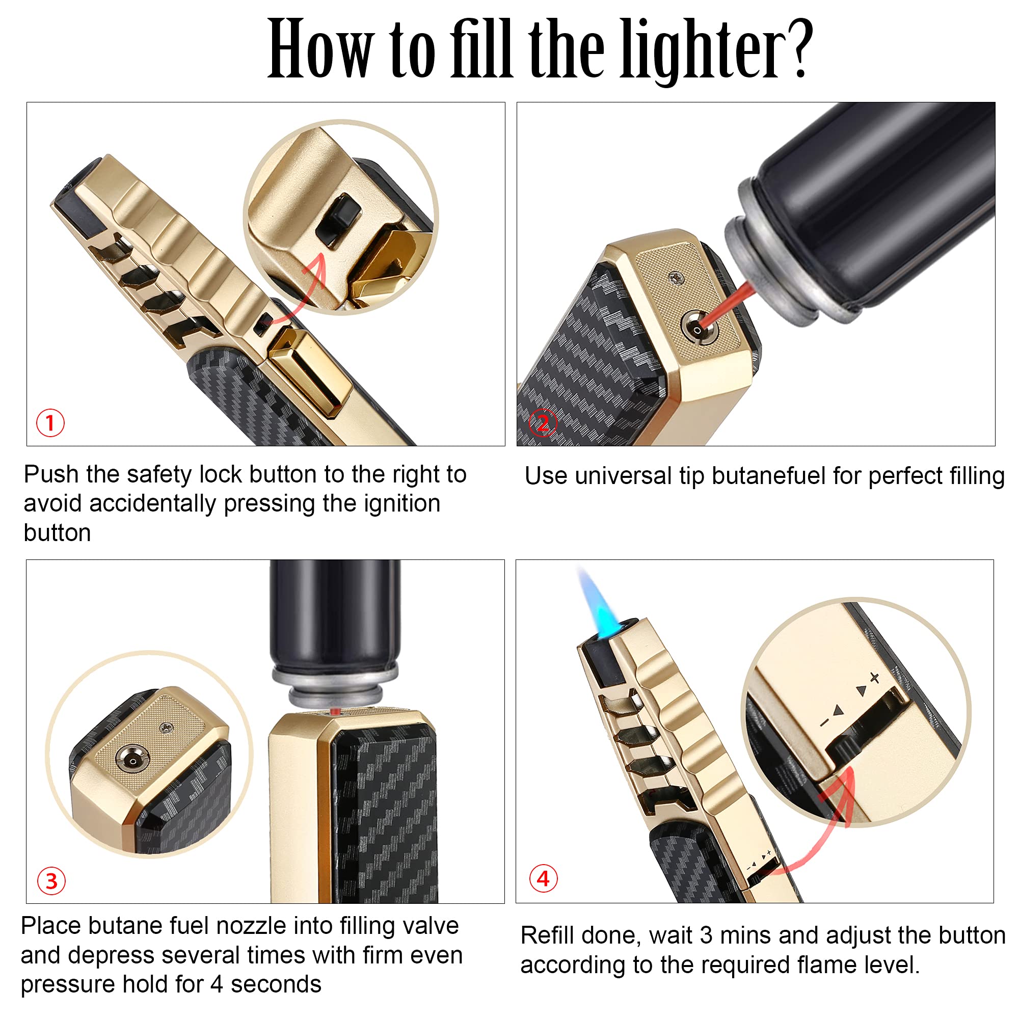 Jet Torch Butane Lighter - Refillable Windproof Lighter with Solar Beam Torch Flame for Candle Lighting, Camping, Grill & BBQ (Butane Not Included) - Perfect for Outdoor Cooking, Fire Starting & Survival Kits - Black Gift Box Included