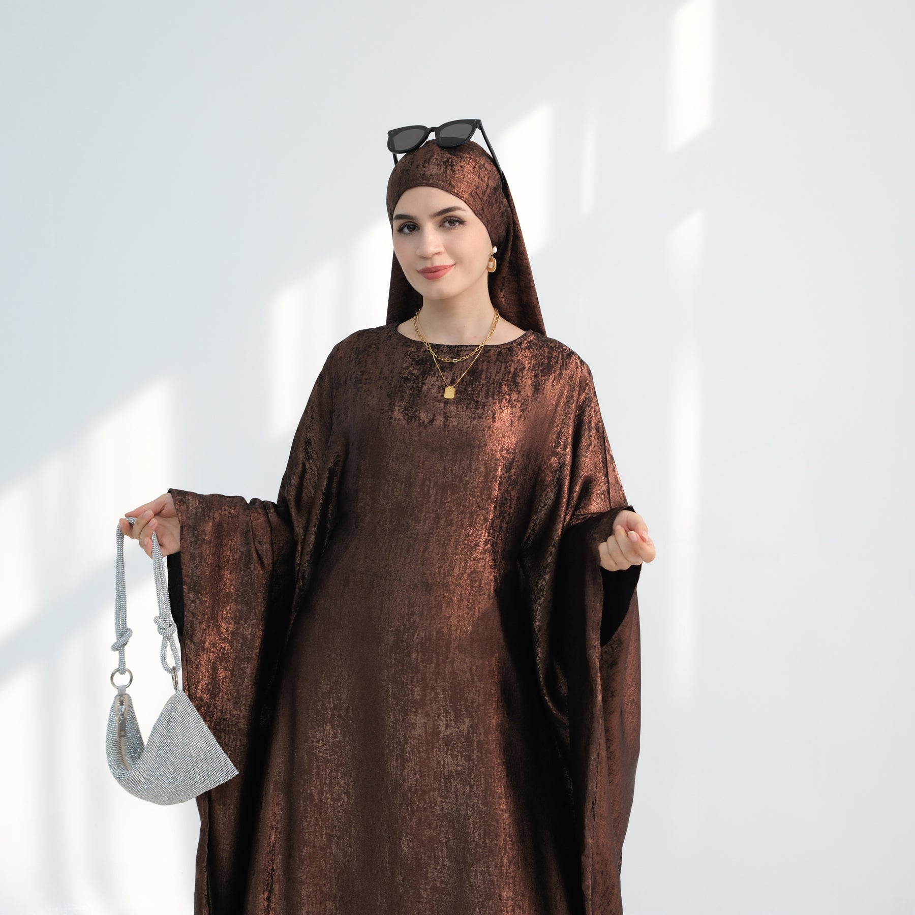 Linora Shimmer Butterfly Abaya - Elegant Brown Islamic Dress for Women | Perfect for Prayer, Eid, and Special Occasions