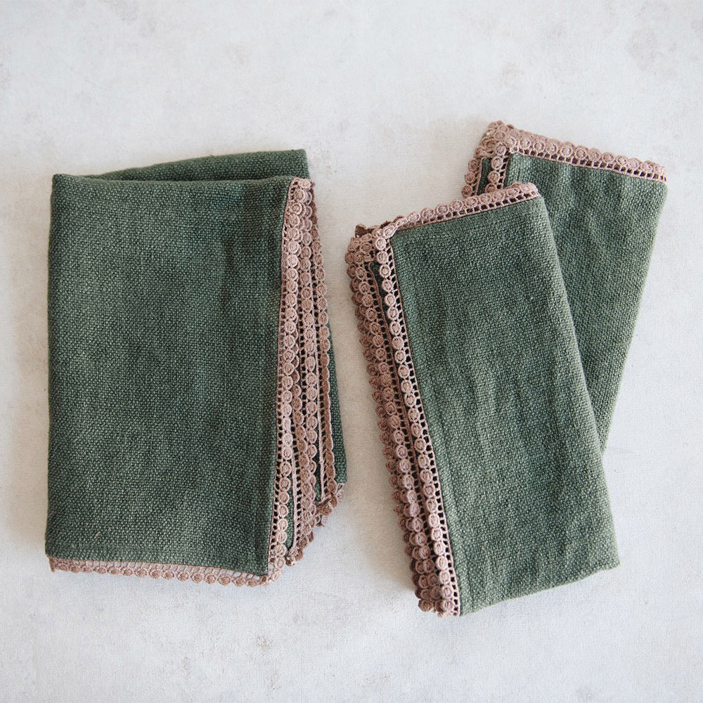 Premium Heavyweight Table Linens with Elegant Lace Trim - Olive Green - Perfect for Weddings, Dinner Parties & Formal Dining Room Decor