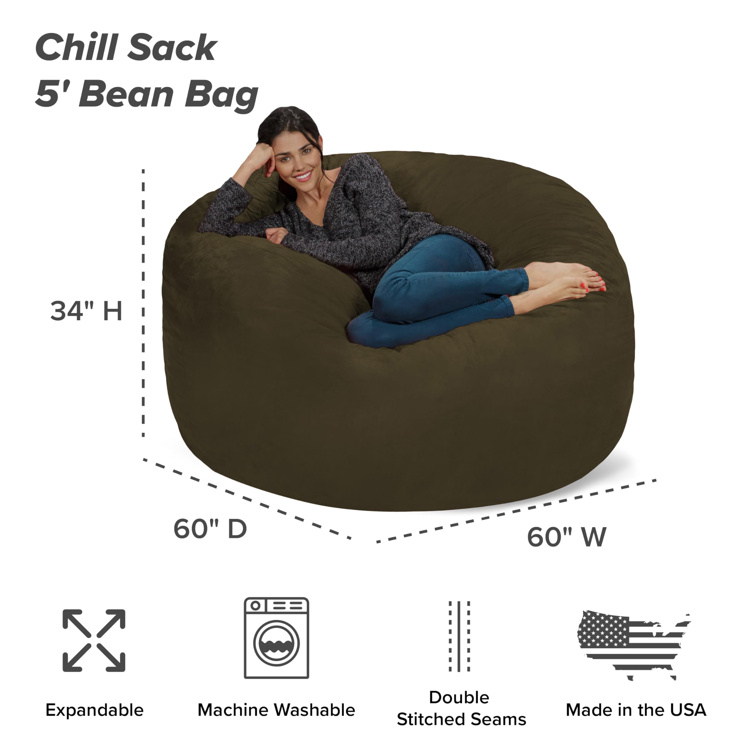 Chill Sack Giant 5' Memory Foam Bean Bag Chair - Ultra Soft Microfiber Cover (Army Green) - Perfect for Living Rooms, Game Rooms & Dorm Relaxation
