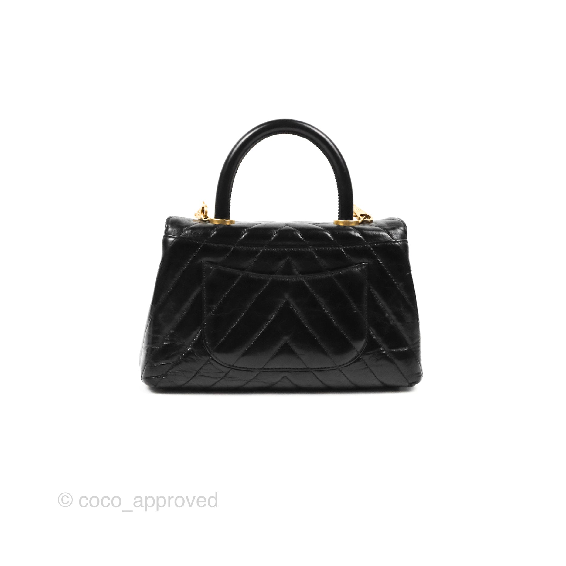 Chanel Chevron Small Coco Handle Bag - Black Shiny Aged Calfskin with Aged Gold Hardware | Luxury Crossbody Purse for Women, Perfect for Evening Parties & Date Nights