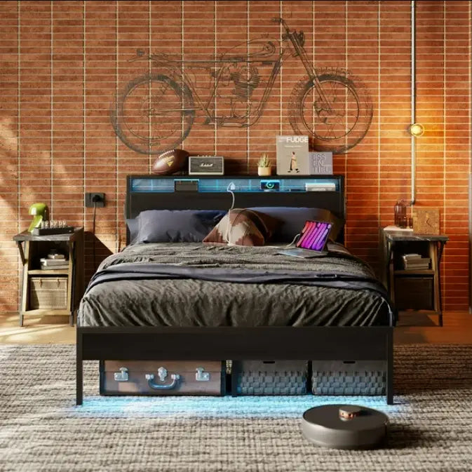 Bestier Queen Size LED Bed Frame with Headboard and Storage - Modern Platform Bed with USB Ports & Underbed Storage - Perfect for Bedroom, Dorm, Apartment & Small Spaces