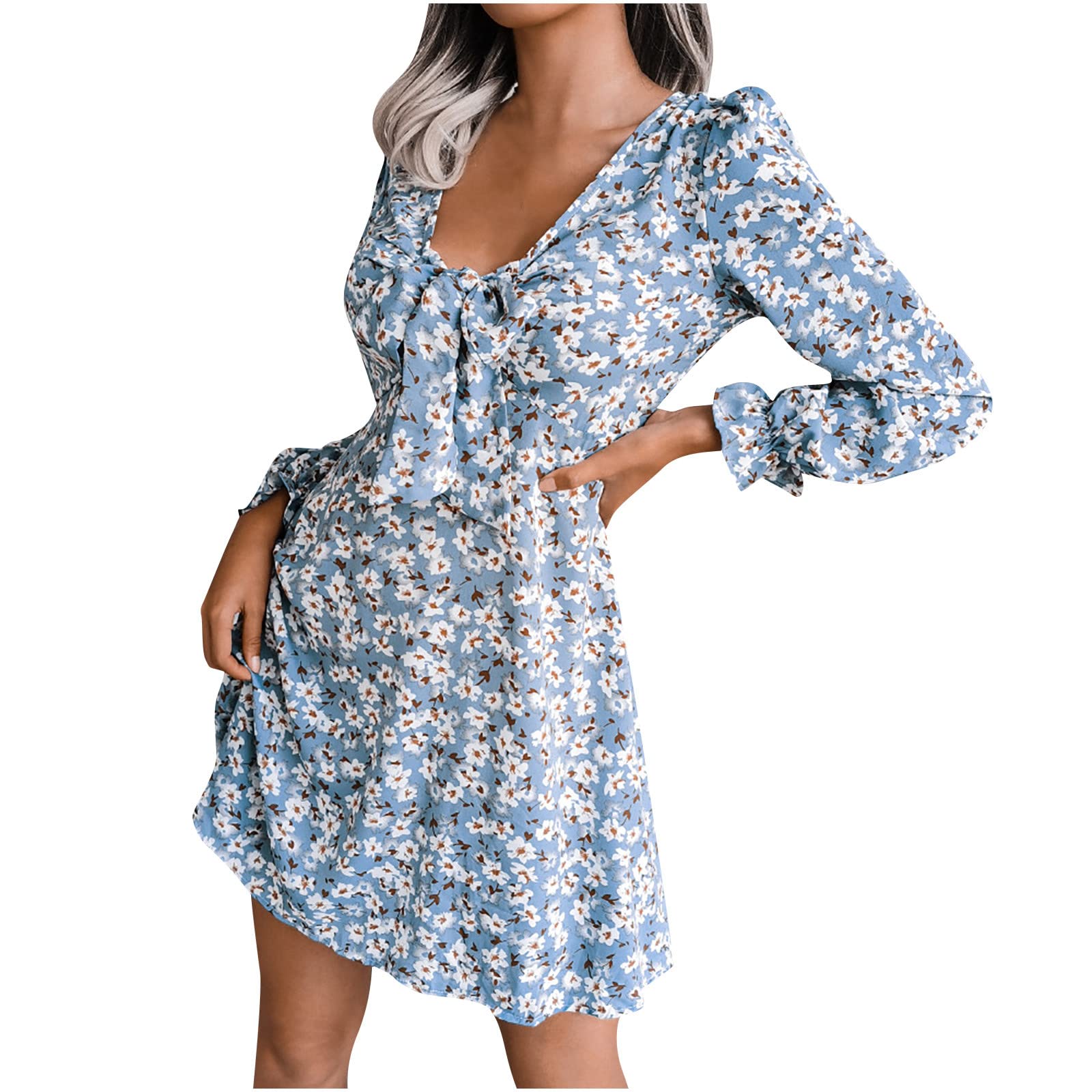 RYDJFLRU Floral Print Long Sleeve Cocktail Dress for Women - Sexy Deep V-Neck Party Evening Pleated Mini Dress for Date Night, Wedding Guest & Special Occasions