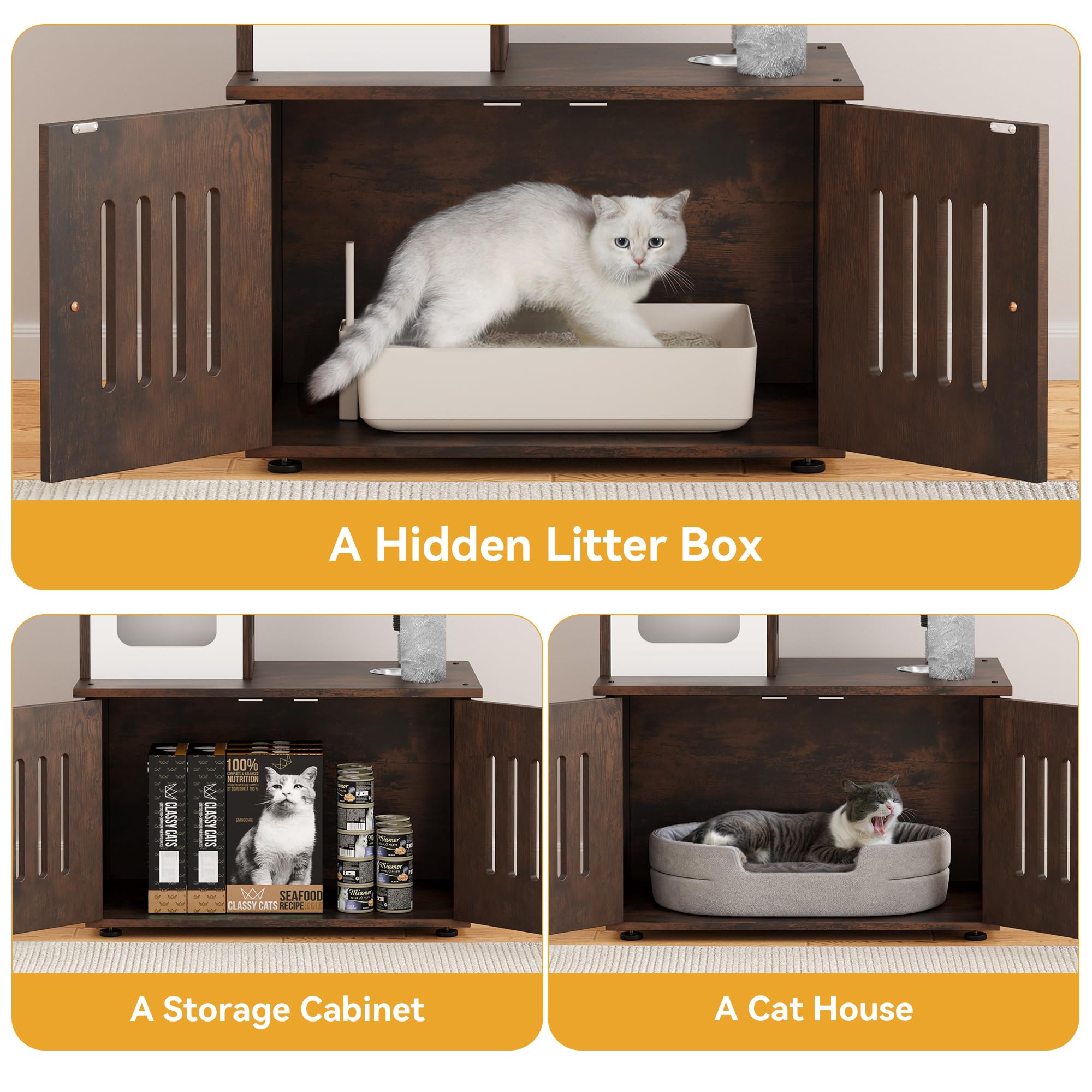 YITAHOME 59-Inch Cat Tree with Litter Box Enclosure - 2-in-1 Modern Cat Condo & Indoor Cat Tower with Wood House, Perch, Food Station, Hammocks, Scratch Post & Hair Brush - Rustic Brown Cat Furniture for Small Spaces & Multi-Cat Homes - Perfect for Apartments, Living Rooms & Pet Play Areas