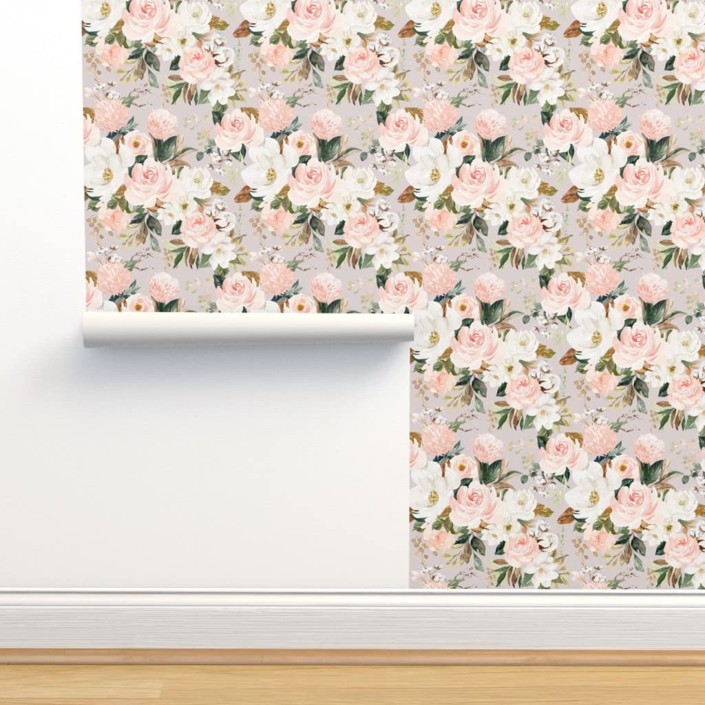 Peel & Stick Wallpaper Swatch - Pink Vintage Floral Spring Watercolor Blush Florals Shabby Chic Custom Removable Wallpaper by Spoonflower | Perfect for Nursery, Bedroom, Office & Home Decor
