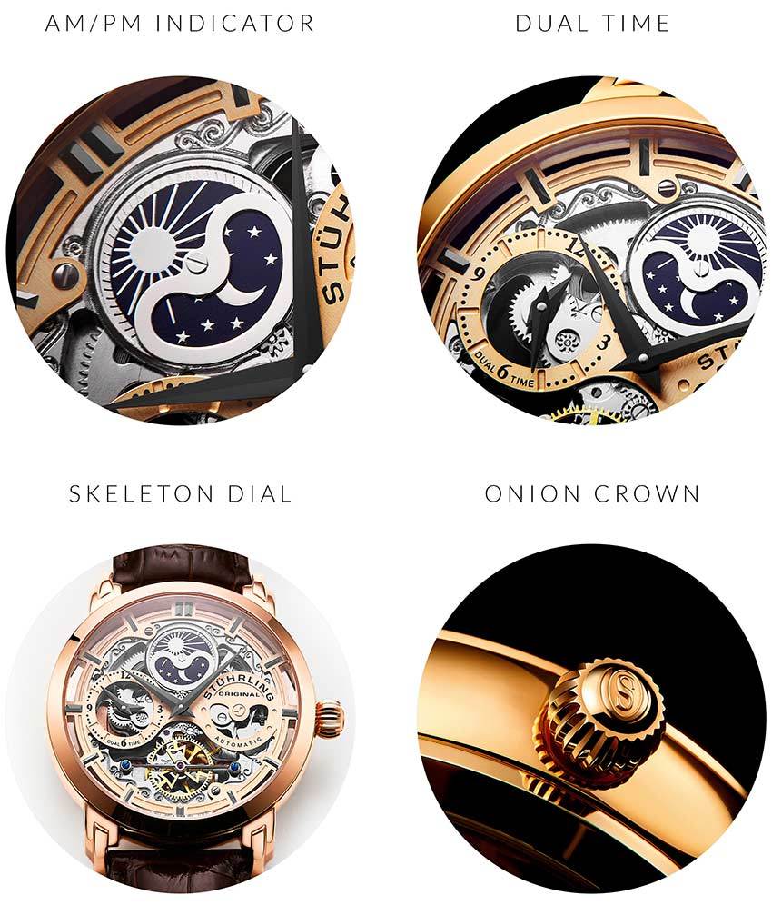 Anatol Dual Time 371 Automatic 46mm Skeleton Watch for Men - Luxury Stainless Steel Mechanical Timepiece with Exhibition Caseback - Perfect for Business, Formal Events & Gift Giving