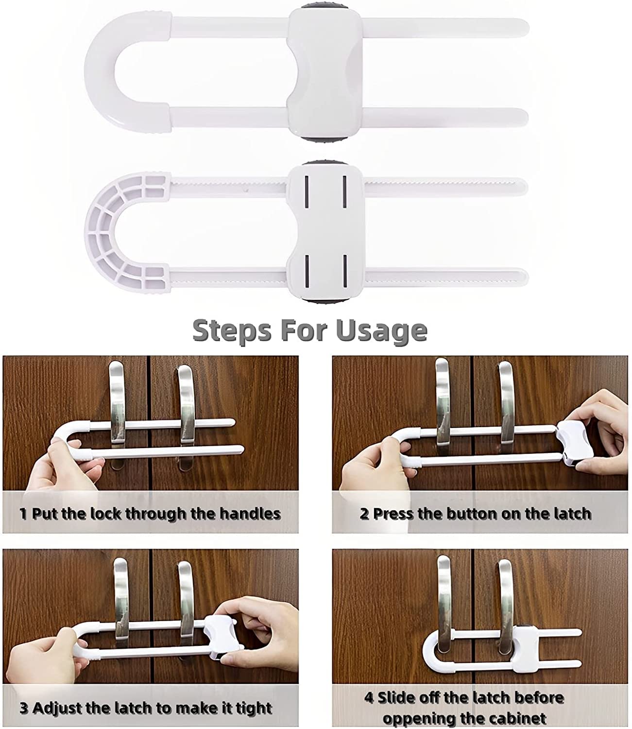 YAWALL 4 Pack Adjustable U-Shaped Baby Proofing Cabinet Locks - Child Safety Latches for Kitchen, Bathroom Storage Cupboards, Doors, Handles & Knobs (White) - Perfect for Childproofing Homes with Toddlers