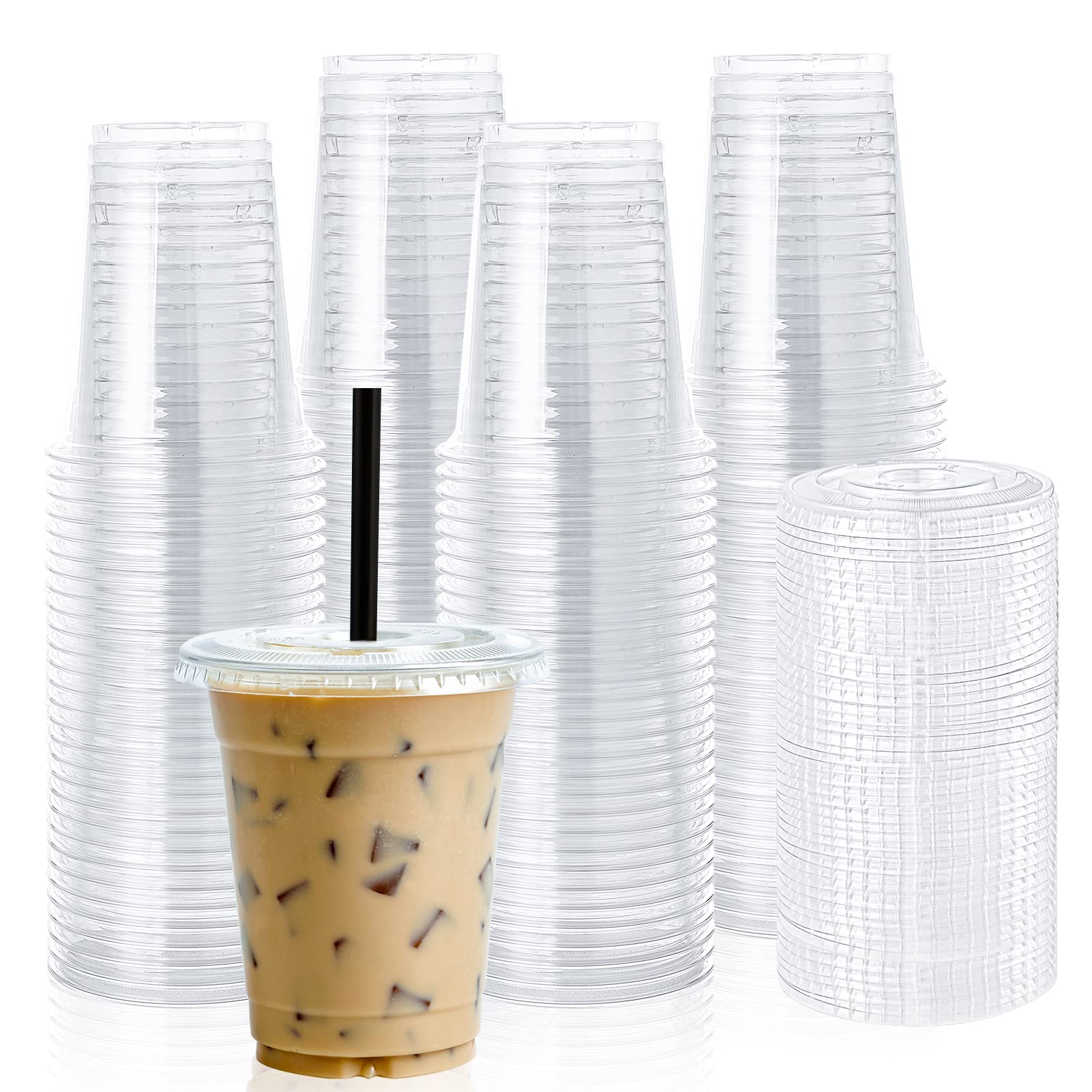 100 Sets of 12 oz Clear Plastic Cups with Flat Lids - Disposable Drinking Cups for Ice Coffee, Smoothie, Slurpee & Cold Beverages - Perfect for Parties, Picnics, and Takeout Drinks