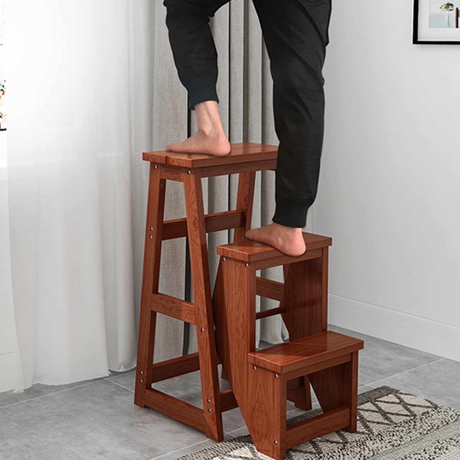 Solid Wood Stepladder Stool - 3-Step Multifunctional Home Ladder for Climbing, Reversible Step Stool Bench - Perfect for Kitchen, Bathroom & Kids' Room (Color: [Specify Color])