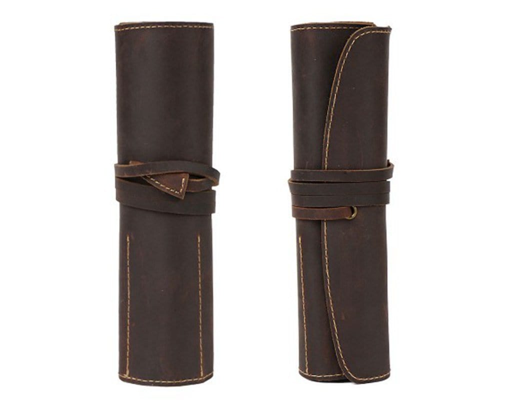Personalized Brown Leather Pencil Roll Holder - Custom Name Engraved Pouch for Artists & Students - Perfect for School, Office & Travel Organization