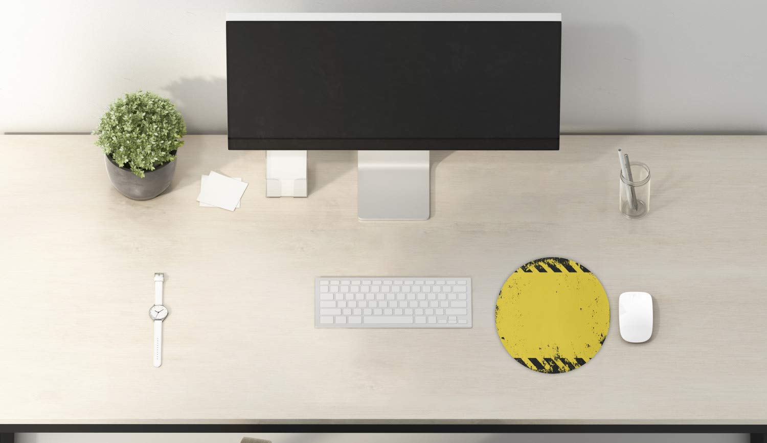 Ambesonne Vintage Yellow & Black Round Mouse Pad - Non-Slip Thick Rubber Gaming Mousepad with Hazard Theme Caution Tape Design - 8 Inch Computer Desk Accessory for Office, Gaming & Home Use