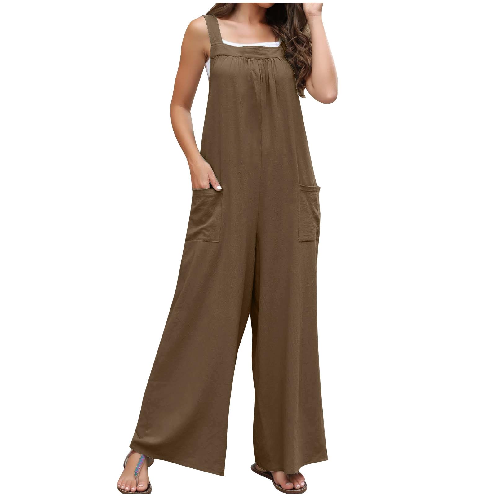Women's Casual Sleeveless Jumpsuit with Adjustable Straps - Loose Fit Wide Leg Romper Overalls for Summer, Beach, Travel & Outdoor Activities | Plus Size Available