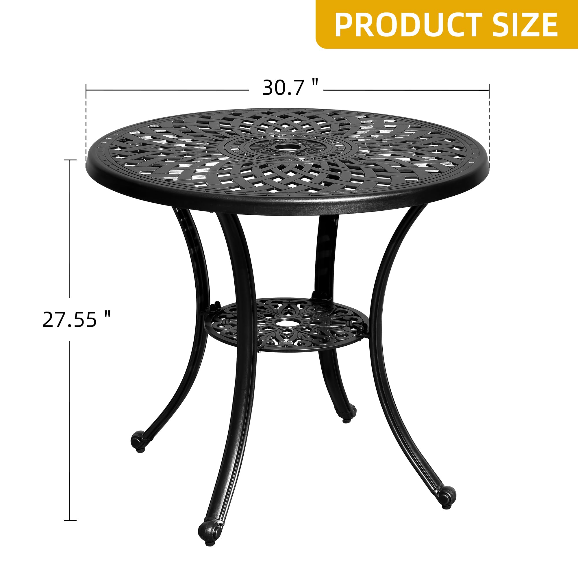 DWVO 30-Inch Round Outdoor Dining Table with Umbrella Hole - Antique Cast Aluminum Patio Bistro Table for Backyard, Garden, Deck, Porch - Weather-Resistant Black Side Table for Outdoor Entertaining & Relaxation