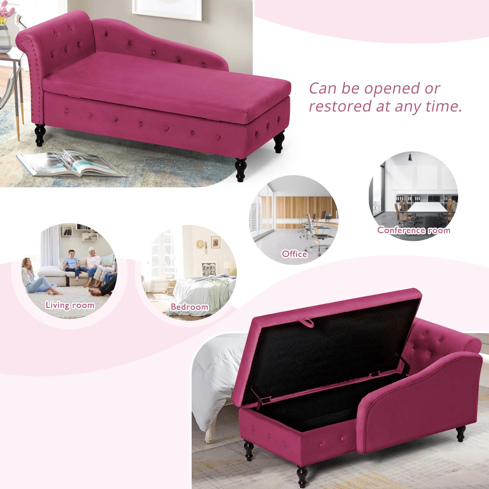 Velvet Upholstered Chaise Lounge with Left Armrest & Lumbar Pillow, Button Tufted Storage Sofa - Modern Lounge Chair for Bedroom, Living Room & Office - Perfect for Relaxing, Reading & Napping (Fuchsia)