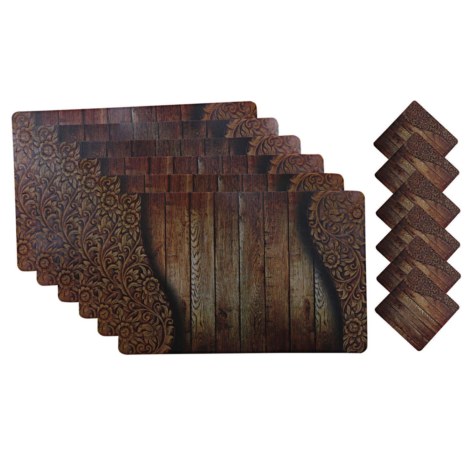 Premium 6-Piece Wooden Design PVC Dining Table Placemat Set with Tea Coasters - Brown (CTKTC032180) | Elegant Table Setting for Home, Restaurant & Dinner Parties